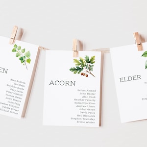 Tree Themed Table Plan Cards, Botanical Garden Wedding Seating Chart Cards, Illustrated Leaf Table Plan Cards, Woodland Wedding