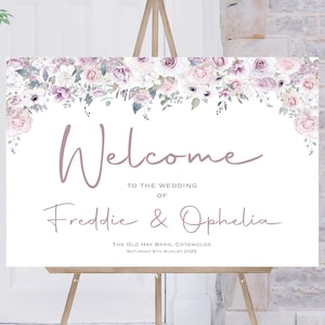 Rosa Flieder Hochzeit Willkommensschild, Hochzeit Willkommensschild Hochzeit , Willkommensschild Auftrag des Tages, Rosa Rose Blumen Willkommensschild, Gedruckt