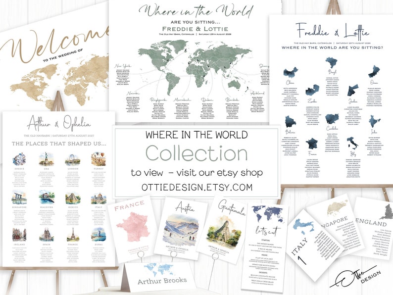 May include: A collection of printable wedding seating charts and signs featuring a world map theme. The signs include a welcome sign, a seating chart with a world map, and individual seating charts for each table. The text on the signs reads "Where in the World Are You Sitting?" and "The Places That Shaped Us..."