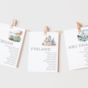 Carte per la pianificazione dei tavoli con le icone di viaggio / Carte per la pianificazione dei tavoli con i temi di viaggio / Nozze a destinazione / Dove nel mondo / Nomi dei tavoli / Carte per la pianificazione dei posti a sedere