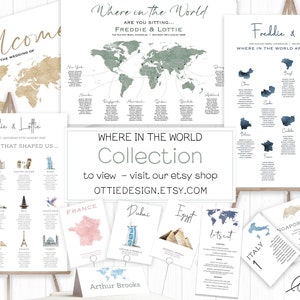 May include: A set of printable wedding seating charts with a world travel theme. The charts feature watercolor illustrations of different countries and landmarks, including France, Dubai, Egypt, Italy, Singapore, and England. The text on the charts reads "Where in the World Are You Sitting?" and "The Places That Shaped Us..."