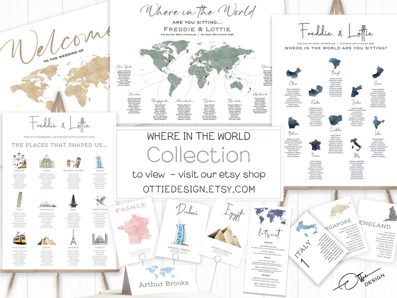 May include: A set of printable wedding seating charts with a world travel theme. The charts feature watercolor illustrations of different countries and landmarks, including France, Dubai, Egypt, Italy, Singapore, and England. The text on the charts reads "Where in the World Are You Sitting?" and "The Places That Shaped Us..."