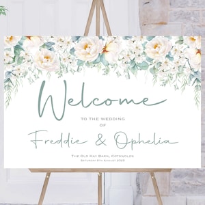 Plaque de bienvenue pour mariage rose blanche, plaque de bienvenue pour mariage personnalisée, plaque de bienvenue dans l&#39;ordre du jour, plaque de bienvenue florale verte et blanche, imprimée