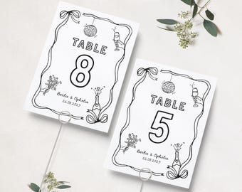Números de mesa de boda impresos a mano, tarjetas de mesa originales, estilo garabato, diseño de doodle