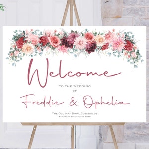 Pink Burgundy Wedding Welcome Sign, Personalised Wedding Welcome Sign, Welcome Sign Order of the Day, Red Floral Welcome Sign, Printed