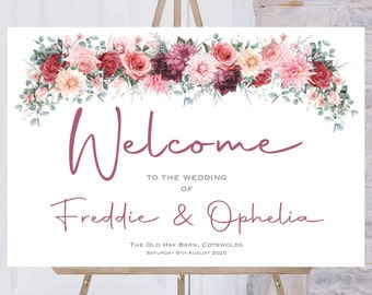 Pink Burgundy Wedding Welcome Sign, Personalised Wedding Welcome Sign, Welcome Sign Order of the Day, Red Floral Welcome Sign, Printed