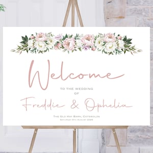 Cartello di benvenuto per matrimonio rosa e verde / Cartello di benvenuto per matrimonio personalizzato / Cartelli per matrimonio floreali / Cartello di benvenuto floreale bianco e rosa / Stampato nel Regno Unito