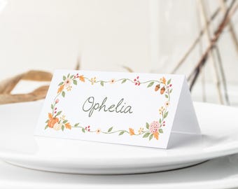 Autumn Wedding Place Cards, Fall Wildflower Guest Cards, Pumpkin, Hand Drawn Style, Rustic Botanical, Personalised Guest Cards