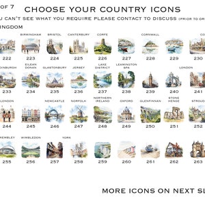 May include: A collection of watercolor illustrations depicting various landmarks and locations in the United Kingdom. The illustrations are numbered from 221 to 264 and include locations such as Bath, Birmingham, Bristol, Canterbury, Corfe, Cornwall, Cotswolds, Dorset, Edinburgh, Eilean Donan, Glastonbury, Jersey, Lake District, Leamington Spa, London, Newcastle, Norfolk, Northern Ireland, Oxford, Glenfinnan, Stone Henge, Stroud, Urquhart, Wales, Wembley, Wimbledon, and York.
