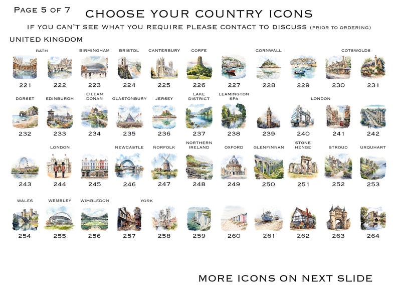 May include: A collection of watercolor illustrations depicting various landmarks and locations in the United Kingdom. The illustrations are numbered from 221 to 264 and include locations such as Bath, Birmingham, Bristol, Canterbury, Corfe, Cornwall, Cotswolds, Dorset, Edinburgh, Eilean Donan, Glastonbury, Jersey, Lake District, Leamington Spa, London, Newcastle, Norfolk, Northern Ireland, Oxford, Glenfinnan, Stone Henge, Stroud, Urquhart, Wales, Wembley, Wimbledon, and York.