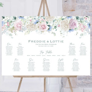 Wedding Table Plan | Pastel Pink Blue & White Floral Table Plan | Wedding Seating Chart | Reception Sign | Floral Table Plan | Wedding Signs