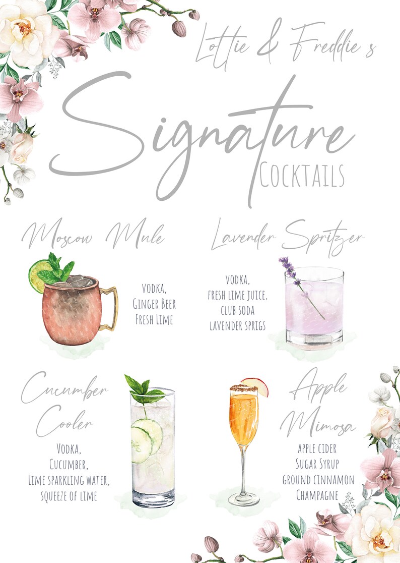 PRINTED, Personalised Signature Cocktail Bar Sign, Roses Table Plan ...
