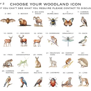 May include: A colorful chart with illustrations of woodland animals and insects. The chart is divided into sections with numbers and names for each animal, such as badger, bat, beaver, big horn sheep, bumblebee, butterfly, common buzzard, northern cardinal, chipmunk, deer, red deer, stag, dormouse, dragonfly, duck, ferret, fox, frog, grasshopper, hare, mountain hare, harvest mouse, hedgehog, jay, American kestrel, common kestrel, kingfisher, red kite, ladybug, lizard, lynx, and house martin.