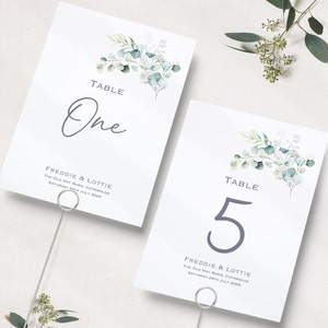Números de mesa de casamento de eucalipto | Recepção de casamento de folha verde | Nomes de tabelas | Números da mesa de recepção | Cartões de nome de mesa | A5 e A6 | Reino Unido