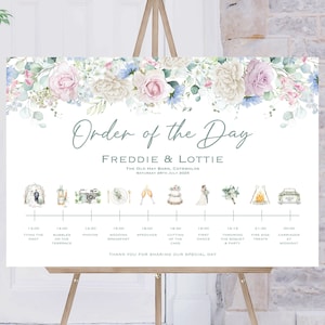 Wedding Order Of The Day | Pastel Pink Blue White Wedding Welcome | Wedding Timeline Sign | Wedding Signs | Wedding Welcome Sign | Printed