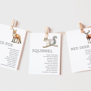 Woodland Themed Table Plan Cards | Wedding Table Plan Cards | Forest Animal Wedding | Jungle Animal Table Names | Nature Seating Plan Cards
