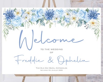 Blue Wedding Welcome Sign, Personalised Wedding Welcome Sign, Welcome Sign Order of the Day, Blue White Floral Welcome Sign, Printed