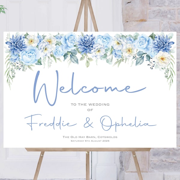 Blue Wedding Welcome Sign, Personalised Wedding Welcome Sign, Welcome Sign Order of the Day, Blue White Floral Welcome Sign, Printed