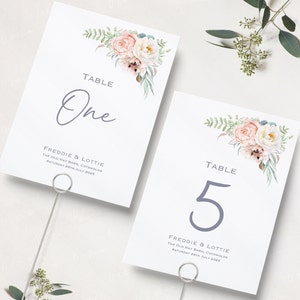 Numéros de table de mariage | Numéros de table de réception de mariage blanc pêche rose | Noms de table de mariage | Cartes de visite | A5 et A6 | Imprimé