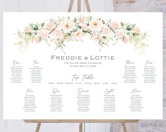 Pink Rose Wedding Table Plan | Wedding Breakfast Seating Plan | Reception Sign | Seating Chart | Table Planner | Wedding Signs | White Rose