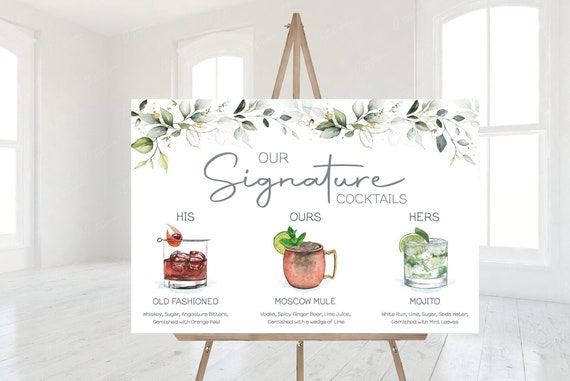 PRINTED Hen Party Wedding Signature Cocktail Sign | Personalised Signature Cocktail Sign | His and Her Drinks | Wedding Bar Sign