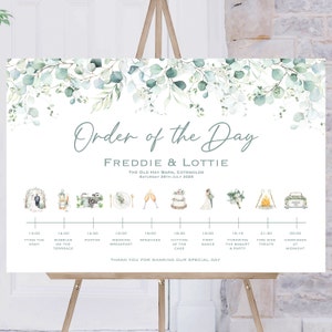 Eucalyptus Wedding Order Of The Day | Green Leaf Wedding Sign | Reception Sign | Wedding Timeline Sign | Wedding Signs, Wedding Welcome Sign