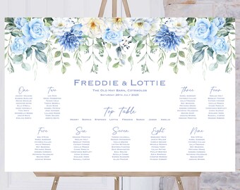 Blue Flower Wedding Table Plan | Wedding Breakfast Seating Plan | Reception Sign | Seating Chart | Table Planner | Wedding Signs | Printed