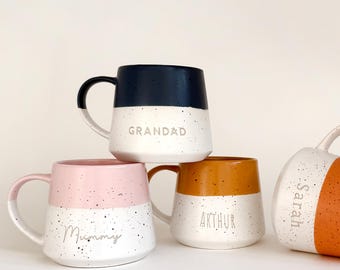 Personalised Two-Tone Flecked Ceramic Mug - Engraved Tea & Coffee Cup - Gift for Him, Her, Mum or Dad