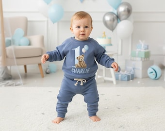 Personalised First Birthday Tracksuit for Babies and Children - Boys Birthday Outfit - Blue Teddy Bear - One Today