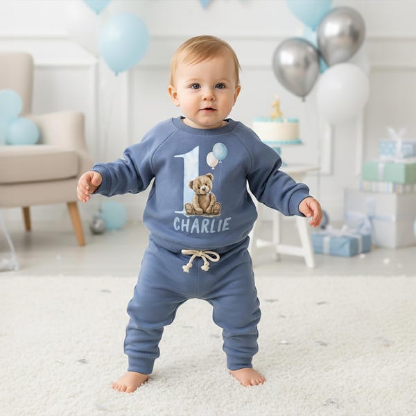 Personalised First Birthday Tracksuit for Babies and Children - Boys Birthday Outfit - Blue Teddy Bear - One Today