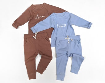 Personalised Kids Organic Ribbed Cotton Co-ord Set - Embroidered - Perfect for Baby & Toddler - Nursery - Pre-school - Days Out - Adventures