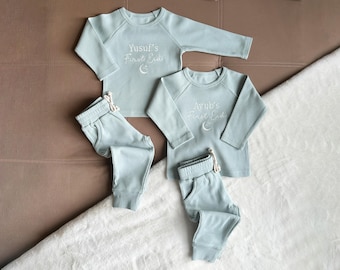 Set coordinato personalizzato in cotone biologico a coste per il primo Eid - Ricamato - Ramadan - Musulmano - Hilal - Nujum