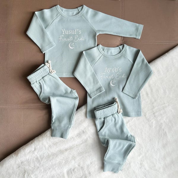 Conjunto personalizado de algodón orgánico acanalado para el primer Eid - Bordado - Ramadán - Musulmán - Hilal - Nujum