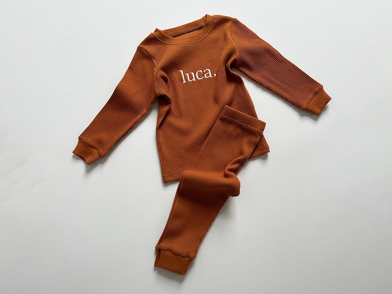 Personalised Embroidered Name Ribbed Set Baby Toddler Long Sleeve Top Trousers Clothes Boy Girl Kids Ribbed Material Tracksuit image 1