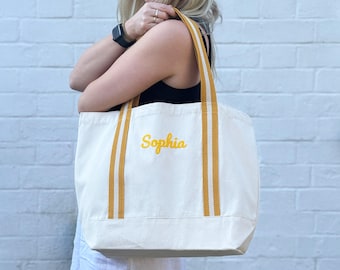 Personalised Organic Cotton Canvas Tote Bag - Embroidered Boat Bag/Tote - Beach Bag - Perfect for Travel, Shopping, Bachelorette Parties.