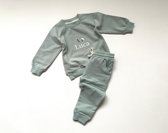 Personalised Kids Organic Cotton Tracksuit - Easter Outfit - Embroidered Name - Perfect for Baby and Toddler - Bunny Ears Over Name