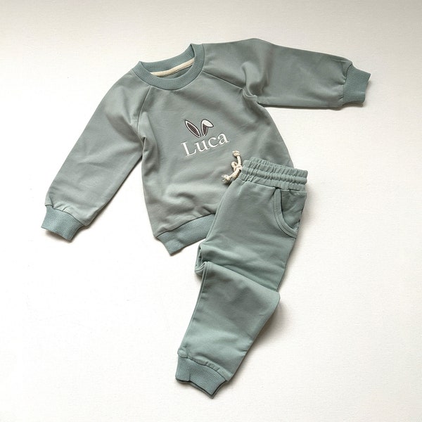 Personalised Kids Organic Cotton Tracksuit - Easter Outfit - Embroidered Name - Perfect for Baby and Toddler - Bunny Ears Over Name