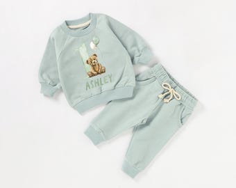 Personalised First Birthday Tracksuit for Babies and Children - Baby Birthday Outfit - Green Teddy Bear - One Today