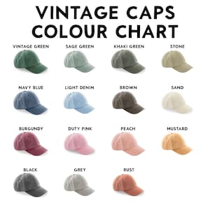 May include: A color chart displaying vintage caps in various colors. The chart includes caps in shades such as vintage green, navy blue, burgundy, black, sage green, light denim, duty pink, grey, khaki green, brown, peach, rust, stone, sand, and mustard.