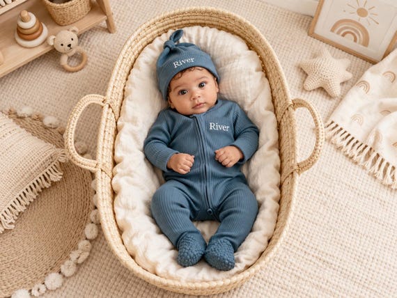 Personalised Kids Organic Ribbed Cotton Zip-up Baby Romper plus Matching Hat- Embroidered - Perfect for Baby - Days Out - Newborn Gift