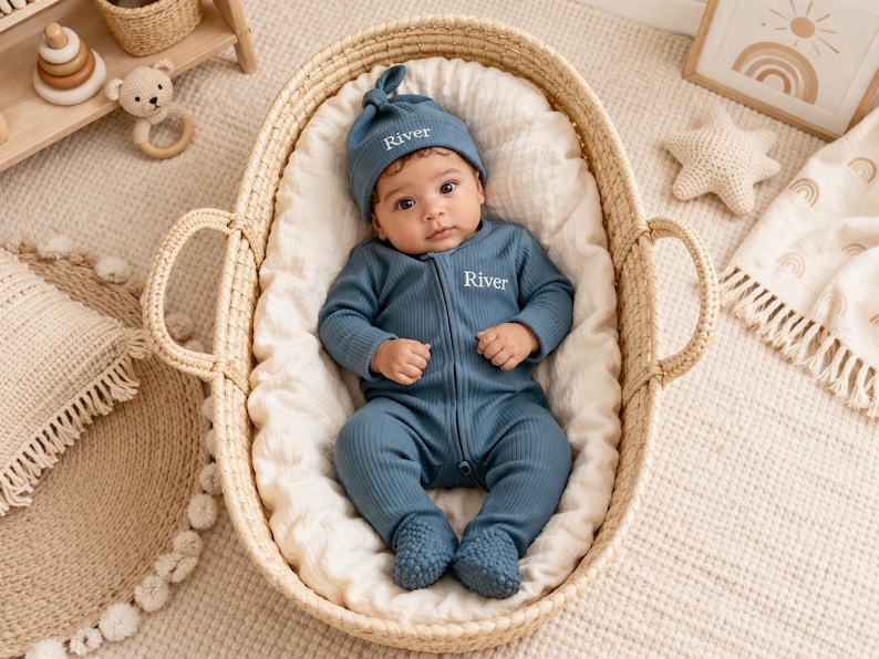 May include: A baby wearing a blue ribbed knit jumpsuit and matching knotted hat, both embroidered with the name "River". The baby is lying in a woven basket lined with a white blanket. The image has a soft, neutral color palette.
