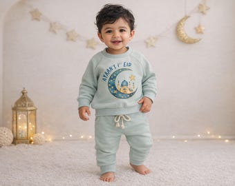 Tuta personalizzata per il primo Eid per neonati e bambini - Ramadan - Luna Blu - Hilal Musulmano Islamico