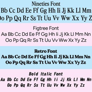 May include: A graphic showcasing four different font styles: Nineties, Figtree, Retro, and Bold Italic. Each font displays the alphabet in uppercase and lowercase letters, with a color-blocked background.