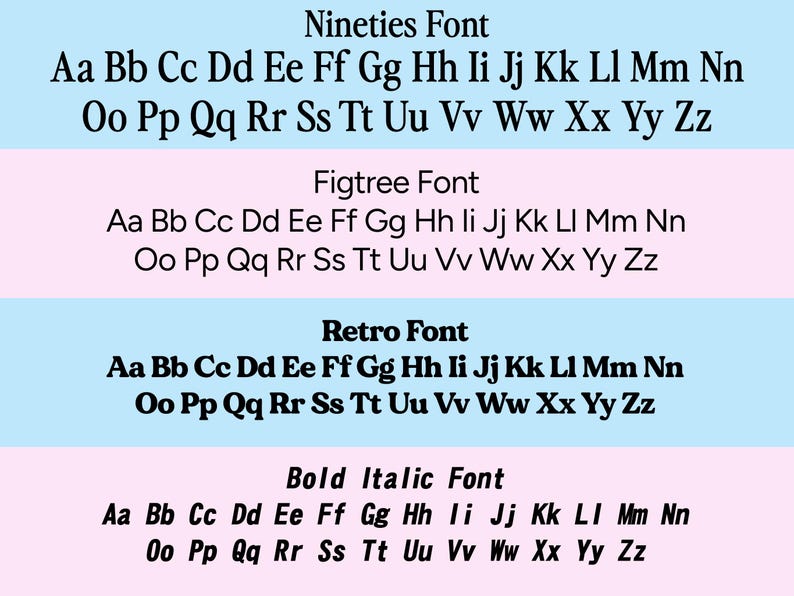 May include: A graphic showcasing four different font styles: Nineties, Figtree, Retro, and Bold Italic. Each font displays the alphabet in uppercase and lowercase letters, with a color-blocked background.