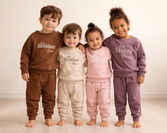 Completo sportivo personalizzato per fratelli e sorelle, abiti coordinati per fratello e sorella, tuta sportiva per bambini con nome ricamato personalizzato, cotone biologico, regalo per neonati 0-6 anni