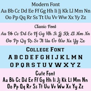 May include: A graphic displaying four different font styles: Modern, Classic, College, and Cute. Each font is shown with the full alphabet in black letters against a light blue or pink background. The image is useful for typography and design.