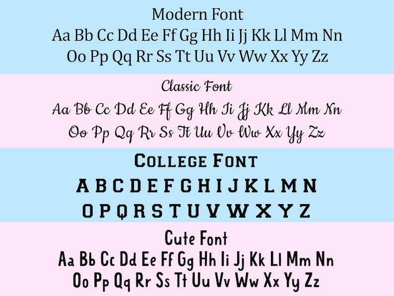 May include: A graphic displaying four different font styles: Modern, Classic, College, and Cute. Each font is shown with the full alphabet in black letters against a light blue or pink background. The image is useful for typography and design.