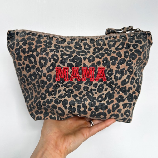 Personalised Embroidered Leopard Print Make up Bag - Gift for Mum, Girlfriend, Holidays