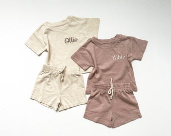 Personalised Kids Organic Cotton Slub Jersey Shorts Set - Embroidered Name - Perfect for Baby and Toddler