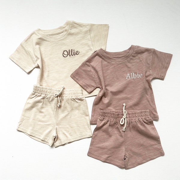 Personalised Kids Organic Cotton Slub Jersey Shorts Set - Embroidered Name - Perfect for Baby and Toddler